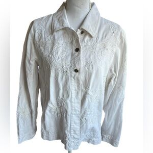 laura ashley womens XL jean jacket white embroidered button up collard W/beads